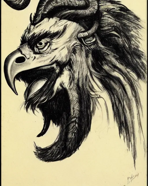 Image similar to a creature with the body and eyes of a man, beak of an eagle instead of a nose, the mane of a lion, two horns of an ox on the head. drawn by frank frazetta