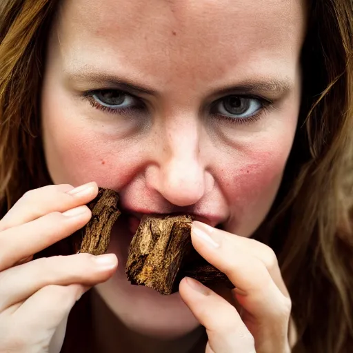 Image similar to a portrait of a woman eating a piece of wood, detailed, hd, 4k, 8k, high res