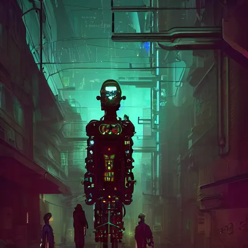 Image similar to A cyberpunk scene of a cyborg in a dark alley, steam punk, cybernetic, futuristic, highly detailed, no blur, 100mm lens, by Beeple and Hsiao-Ron Cheng