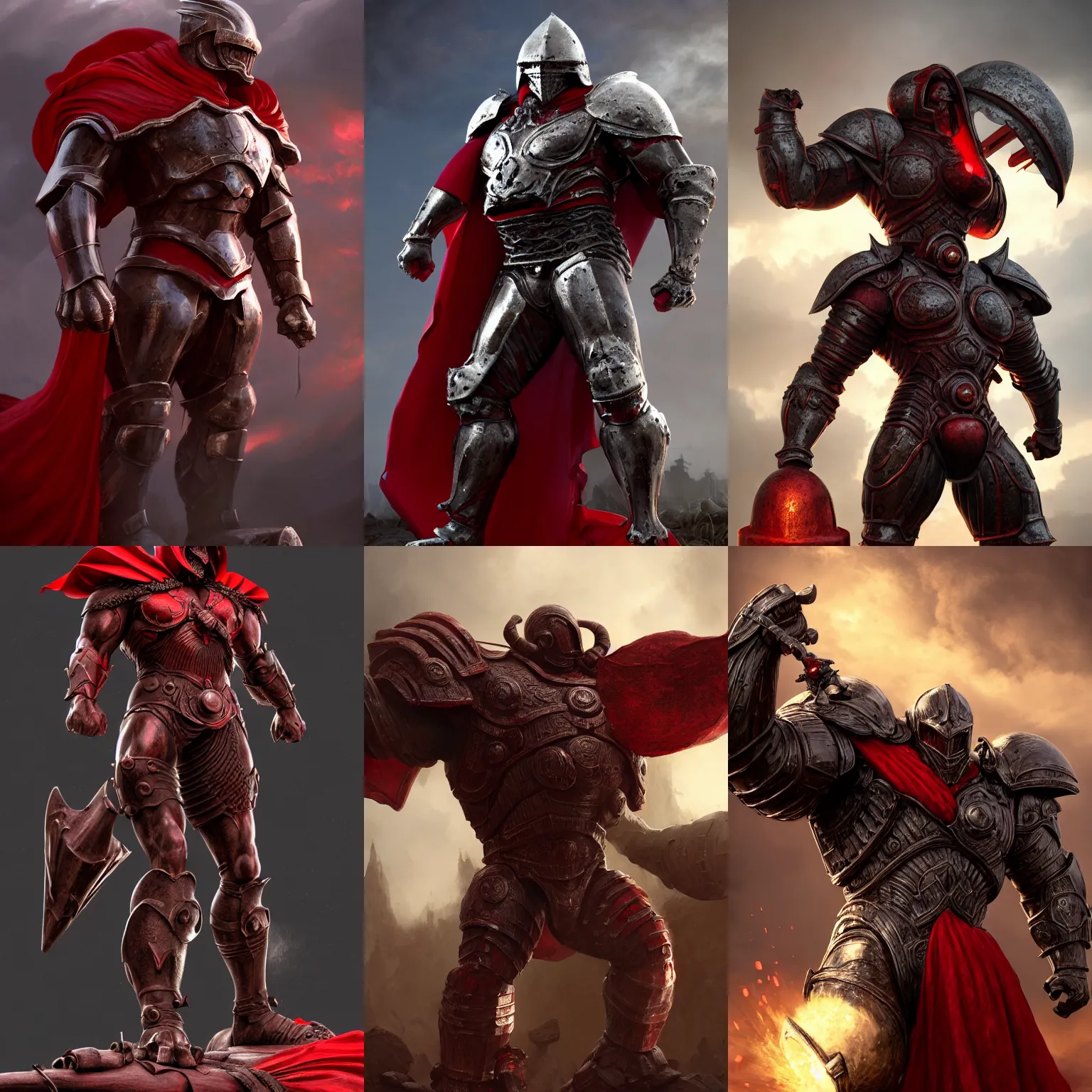 Prompt: ultrarealistic massive giant iron warrior with red cape fighting, giant metal helm bladed iron mantle black etched iron armor, bodybuilder body, bone wastes, fantasy character octane render, substance painter, cinematic lighting, volumetric lighting, wide angle, artstation, dnd art, cgsociety, sharp focus, digital painting by artgerm, gerald brom, wlop