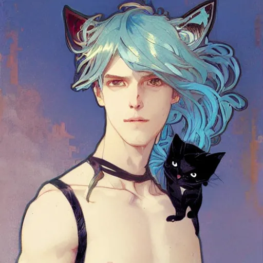 Prompt: Portrait of a pretty fantasy catboy with blue hair and cute small cat ears. Art by Greg Rutkowski and Alphonse Mucha
