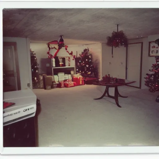 Prompt: polaroid photograph of christmas themed basement