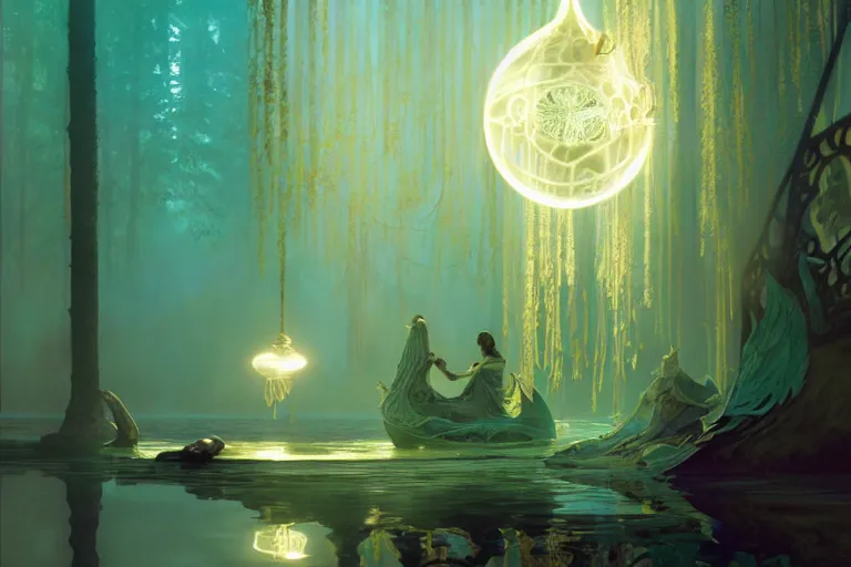 Image similar to pale teal becoming light itself, fantasy, intricate, elegant, dramatic lighting, emotionally evoking symbolic metaphor, highly detailed, lifelike, photorealistic, digital painting, artstation, concept art, smooth, sharp focus, illustration, art by Sparth and Albert Aublet and Krenz Cushart and Artem Demura and Alphonse Mucha