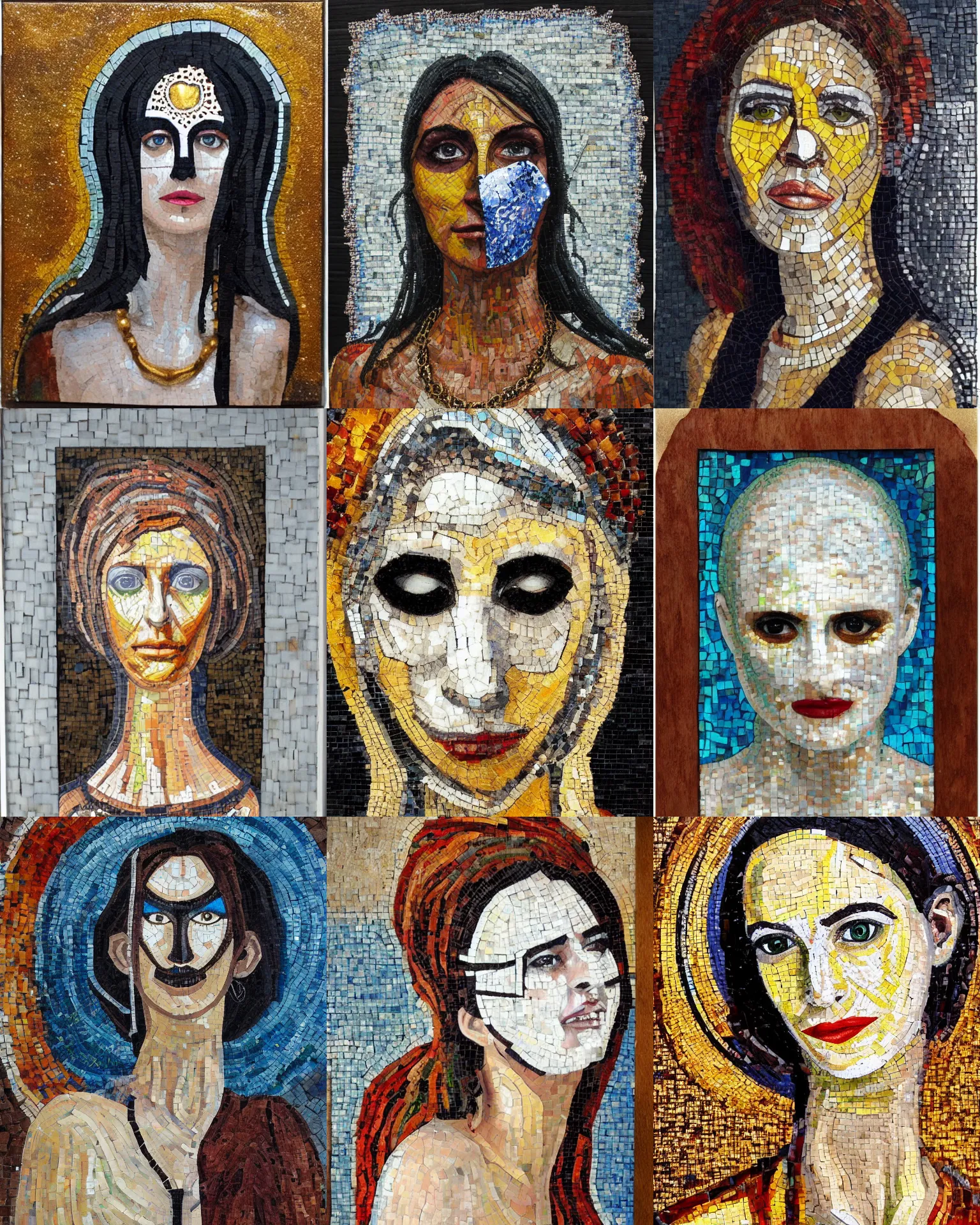 Prompt: woman portrait, female figure in maxi dress, shaman mask, eva green, industrial, silver and golden jewerly, impasto painting, mosaic, wood and ivory