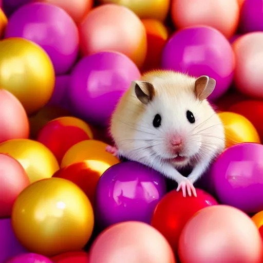 Prompt: pink hamster having fun in colorful balls, realistic photography, warm colours, marc caro and jean - pierre style, high quality image, 4 k, hyper detailed