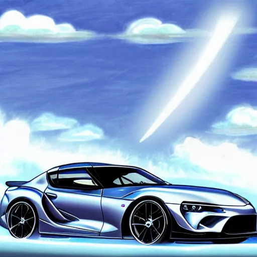 Image similar to toyota supra flying through the skies leaving a vapor trail, children's drawing, insanely detailed