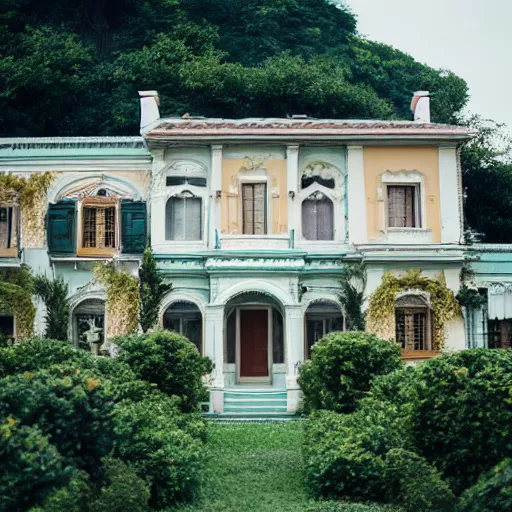 Prompt: overgrown villa full frame wes anderson