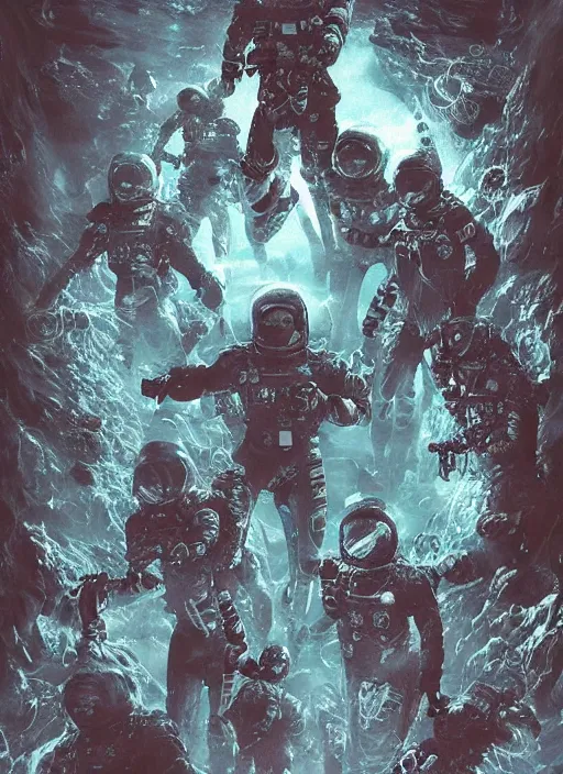 Image similar to astronauts in the dark infinite underwater void - complex and hyperdetailed technical suit, fabric material. reflection and dispersion materials. rays and dispersion of light. volumetric light. wide angle, f / 3 2. noise film photo. flash photography. ultra realistic, wide angle. poster by wayne barlowe, hajime sorayama aaron horkey, craig mullins