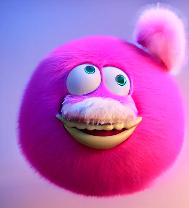 Prompt: high quality 3 d render hyperrealistic very cute big pink little spherical creature with big happy mouth, smile, plush mascot, short spiky dense fluffy smooth hair, isometric view, pink fluffy fur, 1 5 0 mm, beautiful natural soft light, rim light, smooth background, artstation, ultra detailed, elegant, ultra detailed, metallic armor, octane render