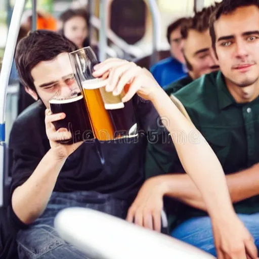 Image similar to a bored tired young university student is riding a very crowded public bus, he's holding a bottle of fizzy dark beer and is looking at his smartphone. student is wearing a black shirt, has slick dark brown hair and a round face with mild acne. professional stock photo, bokeh, 4 k