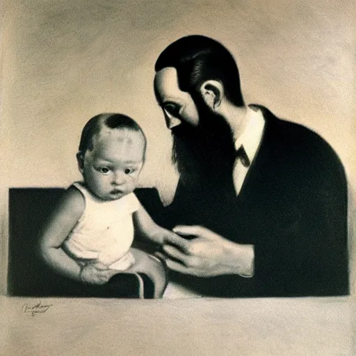 Image similar to painting of beard grandpa taking a photo to a baby girl, by lazlo moholy nagy moholy