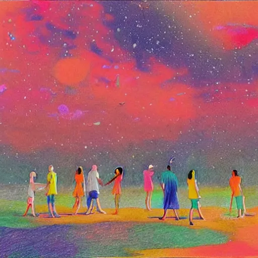 Prompt: A beautiful drawing of a group of people on a beach. The colors are muted and the overall tone is serene. The people are all engaged in different activities, from reading to playing games, and the artwork seems to be capturing a moment of peace and relaxation. neon rainbow, cosmic nebulae by teamLab, by Bruno Munari