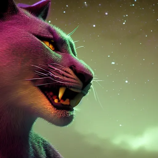 Image similar to closeup of a purple panther roaring at the moon. forest. night. large moon in the center. trending on artstation. cinematic. photoreal. dark colors.