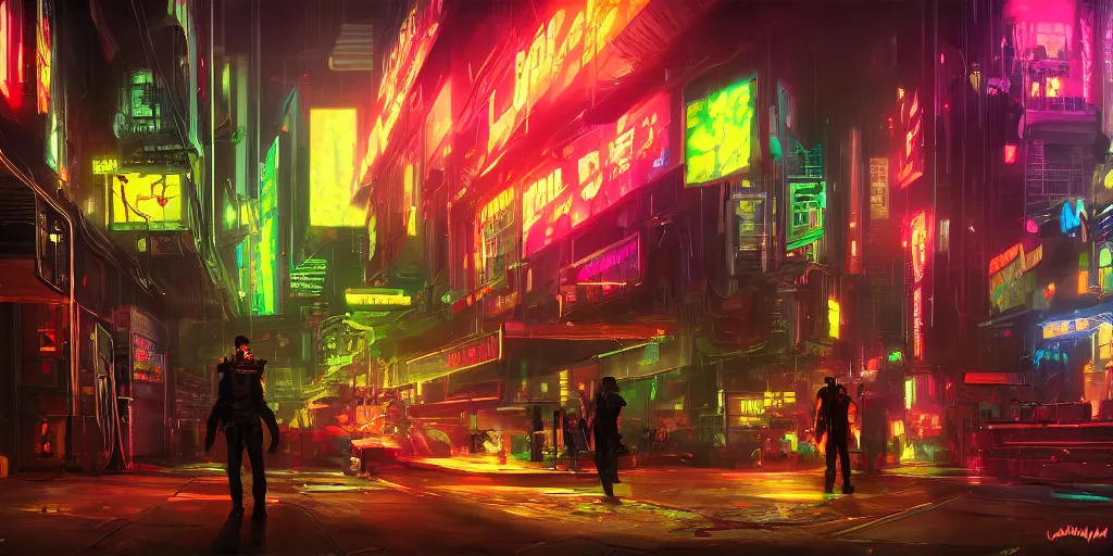 Prompt: cyberpunk atmosphere, very strange, with neons, digital painting, 8 k, by alleyway wookun, eddie mendoza, and john kearney