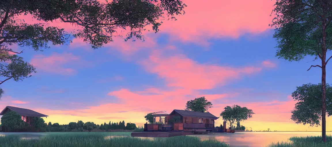 Image similar to a serene landscape with a singular building near a lake at sunset in anime style, 8k, low saturation, high quality, high detail