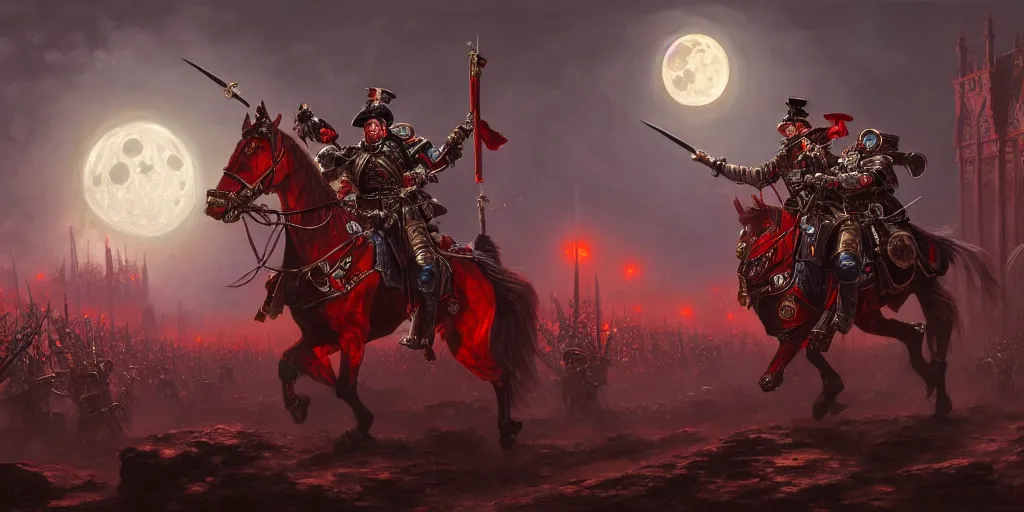Image similar to highly detailed portrait painting of victorian warhammer battle, old abadia in the background, full red moon, by eddie mendoza and tyler edlin, 8 k resolution