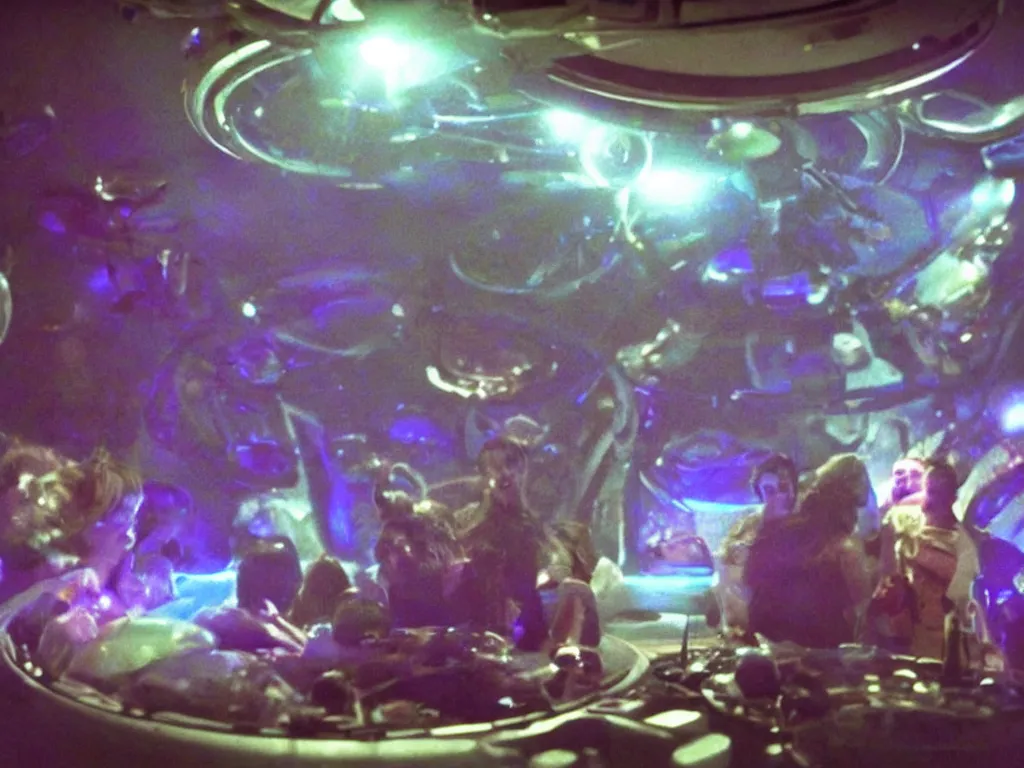 Image similar to a hidden camera shot of aliens having a party inside an ufo, cinematic masterpiece, beautiful lighting