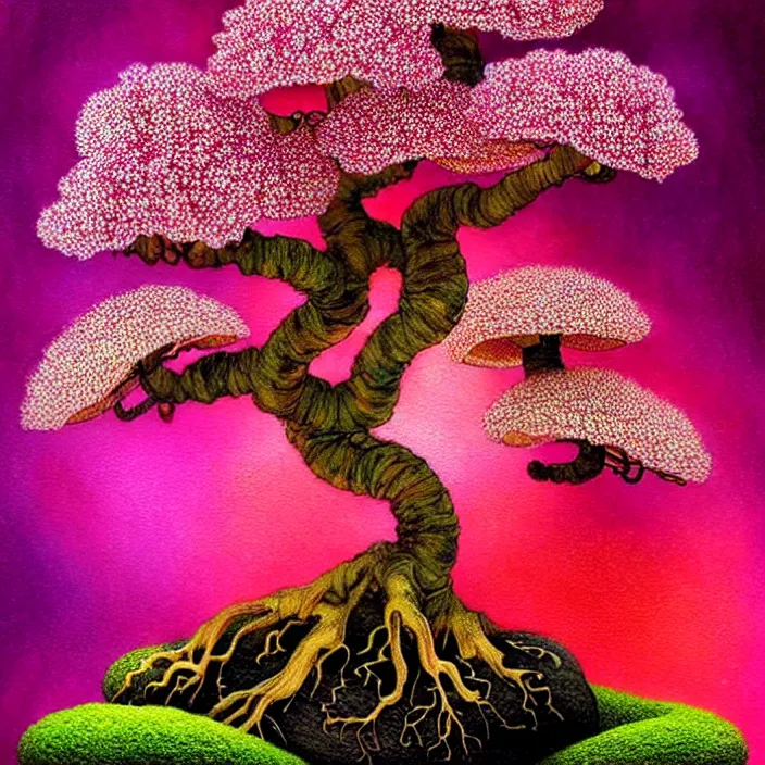 Prompt: extremely psychedelic bonsai made of orchid and cherry blossom tree and mushroom, LSD, diffuse lighting, fantasy, intricate, elegant, highly detailed, lifelike, photorealistic, digital painting, artstation, illustration, concept art, smooth, sharp focus, art by John Collier and Albert Aublet and Krenz Cushart and Artem Demura and Alphonse Mucha