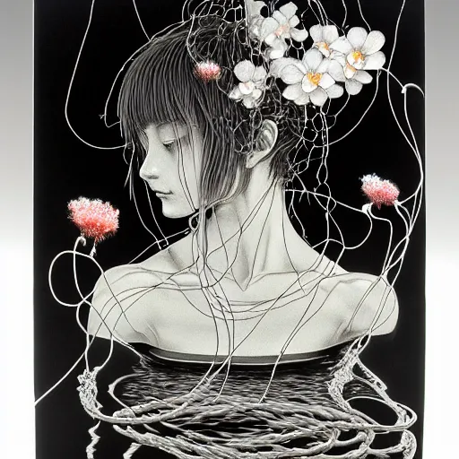 Prompt: prompt: Black and white Fragile looking vessel portrait face drawn by Katsuhiro Otomo, nymph in the water performing alchemy, small flowers and cables and wire around and on the side with artifacts, intricate oil painting, soft light, intricate detail, intricate oil painting detail, sharp high detail, manga and anime 2000