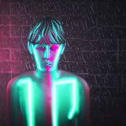 Image similar to a human made out of rain, neon, rendered in octane, unreal engine, highly detailed, realistic, beautiful, emotional