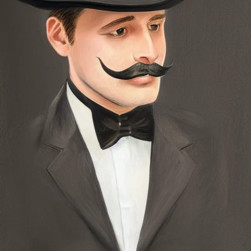 Image similar to Portrait of a man with brown hair and a brown mustache in black suit and black top hat, studio lighting, Sigma 85 mm f/1.4., digital painting, trending on artstation, sharp shadows