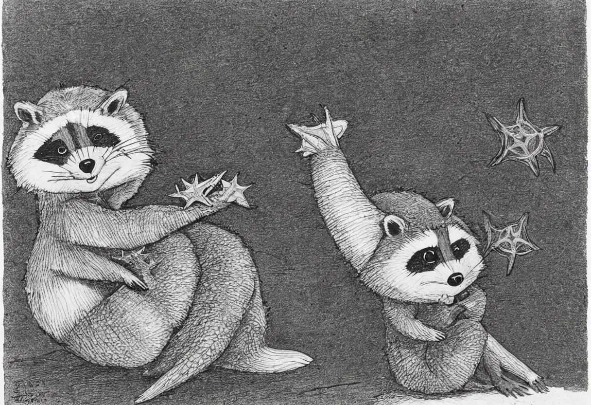 Image similar to one raccoon holding up and looking at a starfish, maurice sendak