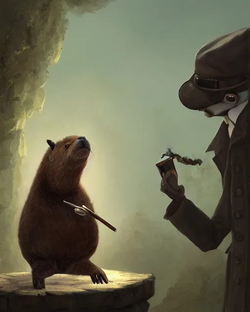 Prompt: oil painting of anthropomorphized capybara holding a smoking pipe, detective clothes, close shot, full body, dark steampunk mine shaft background, sharp focus, fantasy style, octane render, volumetric lighting, 8k high definition, by greg rutkowski, highly detailed, trending on art Station, dungeons and dragons artwork, centered