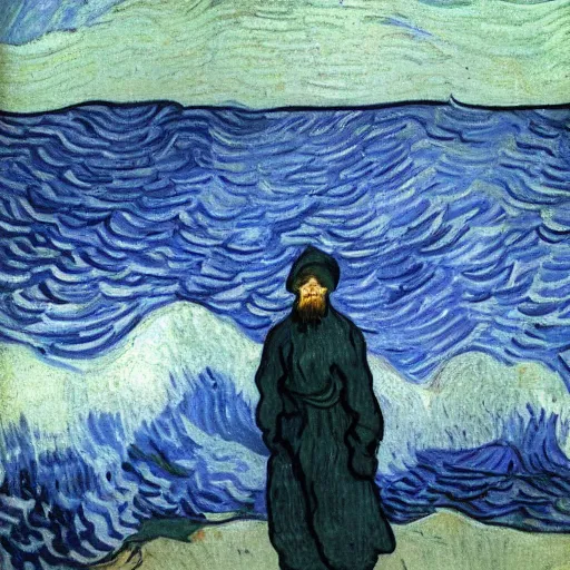 Image similar to a guy with white hoodie in the abyss of the sea, very deep, by van gogh