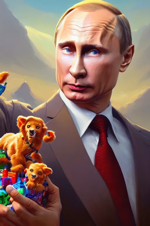 Image similar to a highly detailed beautiful portrait of Vladimir Putin playing with toys, highly detailed, 2d game fanart behance hd by Jesper Ejsing, by RHADS, Makoto Shinkaih and Lois van baarle, ilya kuvshinov, rossdraws global illumination, cinematic, hyper-realistic, depth of field, coherent, high definition, 8k resolution octane renderer, artstation