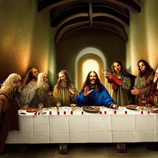 Prompt: the fellowship of the ring at the last supper