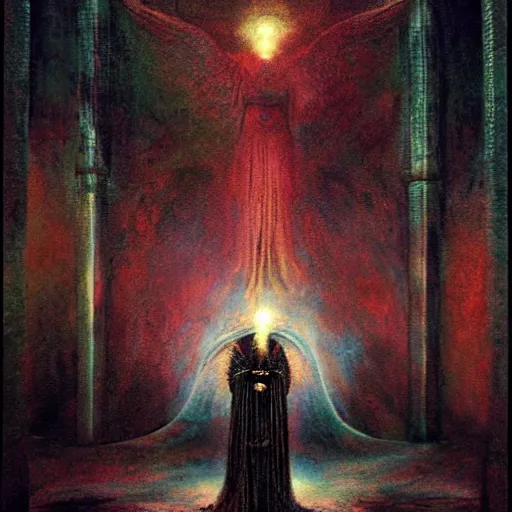 Prompt: terrible abstract angel emerging from black hole in art deco byzantine throne room, science fiction painting by beksinski and gammell and anato finnstark and rembrandt