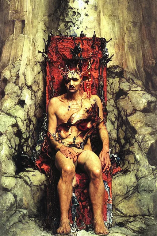 Prompt: full length portrait of crablike demonic king sitting on subterranean throne, tiny servants offer him fruit, dynamic, painted by ruan jia, lawrence alma tadema, zdzislaw beksinski, norman rockwell, jack kirby, tom lovell, alex malveda, greg staples, hand of fear, bbc, tv