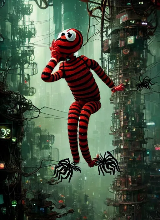 Image similar to intricate Waldo from Where's Waldo, being eaten by a spider, on the background of a weird magical mechanical forest. Very detailed 8k. Fantasy cyberpunk horror. Sharp. Cinematic post-processing