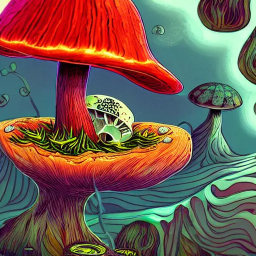 Image similar to trippy angry mushroom eat a meat, acrilic paint, digital, artstation, detailed intricate ink illustration, heavenly atmosphere, digital art, overdetailed art, concept art, complementing colors, trending on artstation, cgstudio, the most beautiful image ever created, dramatic, subtle, details, award winning artwork, beautiful scenery