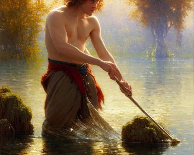 Image similar to attractive male wizard casting powerful water spell in a beautiful lake. highly detailed painting by gaston bussiere, craig mullins, j. c. leyendecker 8 k