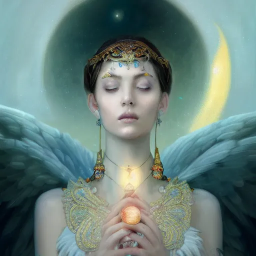 Image similar to A beautiful digital painting of a female Seraphim full of jewels, princess, the moon behind her, intricate, cinematic lighting, highly detailed, digital painting, Artstation, concept art, smooth, sharp focus, illustration, art by Tom Bagshaw, Artgerm and Greg Rutkowski