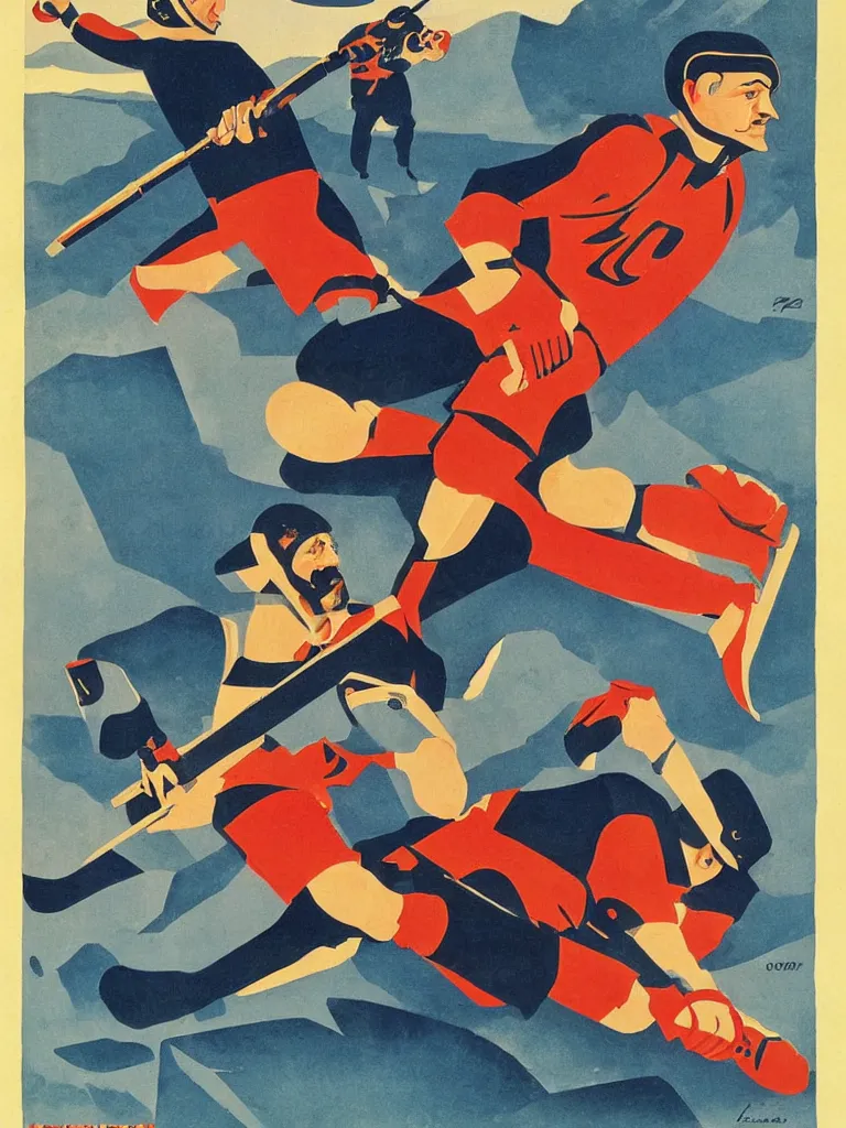 Prompt: russian war propaganda poster of alex ovechkin by miguel covarrubias