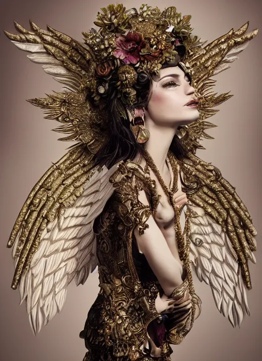 Prompt: expressive full body photo of a female model as beautiful angel, ornate headpiece made from flowers, ivory, ornaments, glamour shot, by karol bak, by stefan gesell, octane render, unreal engine, photorealistic, canon r 3, fashion photography, studio shot, environmental portrait, dark fantasy, dark beauty, magazine