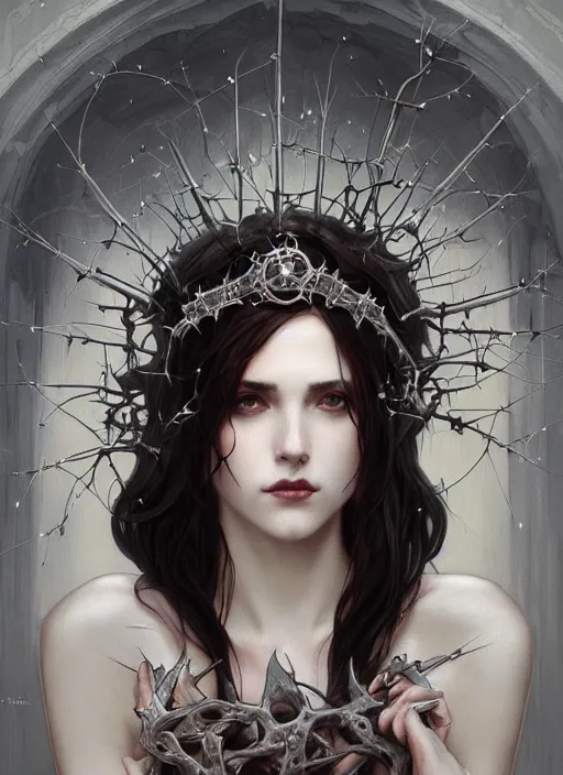 Image similar to beautiful pale gothic maiden with crown of thorns, intricate, elegant, highly detailed, digital painting, artstation, concept art, smooth, sharp focus, illustration, art by artgerm and greg rutkowski and alphonse mucha