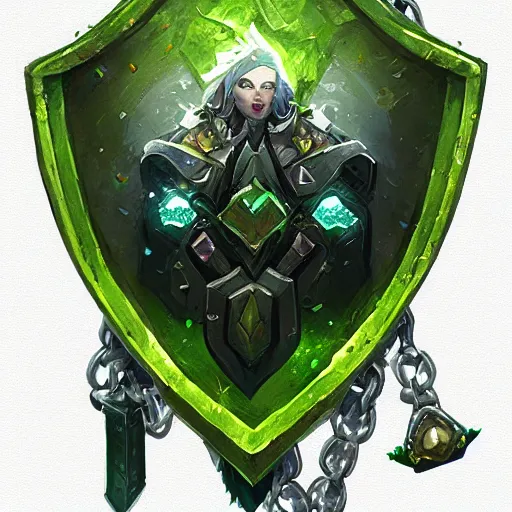 Image similar to green leaves shield weapon, nature shield, heavy chained mace, hearthstone weapon art, by greg rutkowski