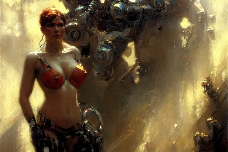 Prompt: Attractive cyborg woman, painting by Gaston Bussiere, Craig Mullins