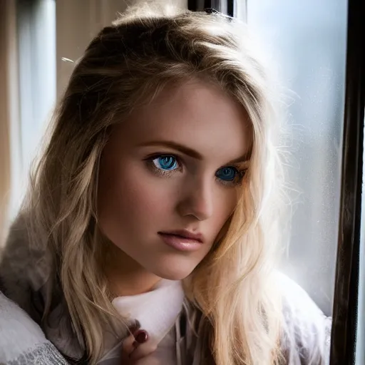 Image similar to photo of beautiful princess. perfect face. blonde hair. blue eyes. stunning. gorgeous. looking out window. 4 k. highly detailed. jaw dropping. surrunding cinematic lighting. dramatic light. accent lighting. award winning photography.