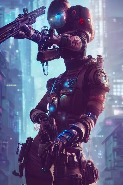 Prompt: beautiful portrait of a cyborg mercenary girl holding a rifle, art by wlop, artgerm, liam wong, cyberpunk, neon, intricate details, trending on artstation, sharp focus, caustics, octane render, radiant light, 4 k