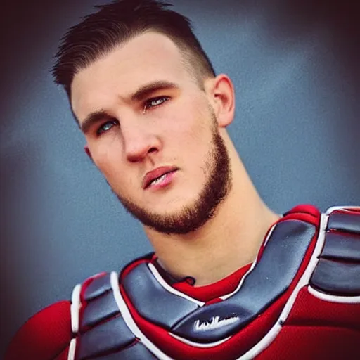 Image similar to “a realistic photo of a guy who is an attractive baseball player man who is half robot and half humanoid, who is a robot, Mike Trout, shiny skin, blue eyes”