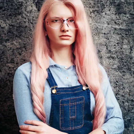 Image similar to beautiful woman with long blonde hair wearing dungarees and a light pink shirt, still, photograph, highly detailed