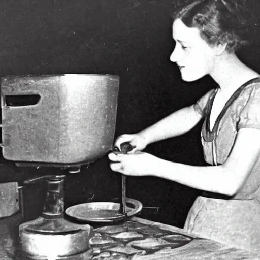 Image similar to an early 1900s photo of someone on a computer making a donut in blender