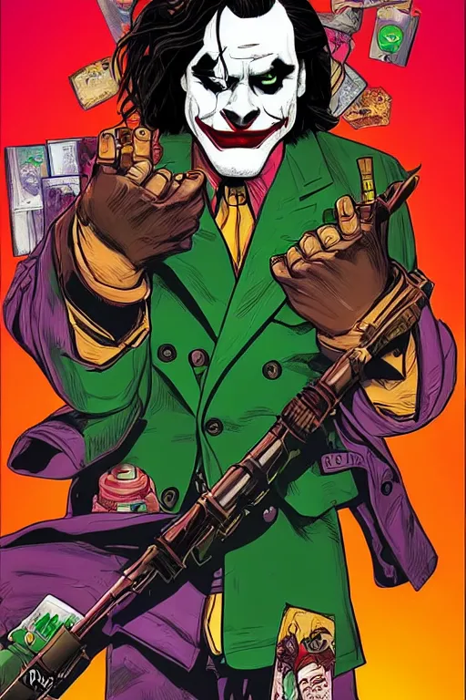 Image similar to joaquin phoenix joker comic book cover issues 2 0, justify content center, delete duplicate object content!, violet polsangi pop art, gta chinatown wars art style, bioshock infinite art style, incrinate, realistic anatomy, hyperrealistic, 2 color, white frame, content balance proportion