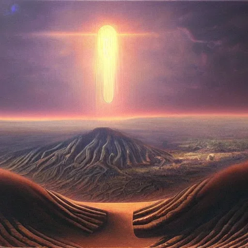 Prompt: beautiful view on hills on mars, sunset, beautiful lightning by hr giger, oil on canvas