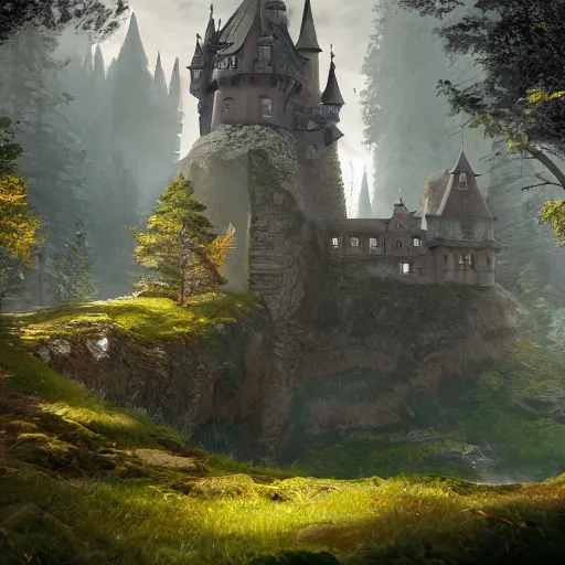 Image similar to a painting of a castle in the middle of a forest, a detailed matte painting by senior environment artist, cgsociety, gothic art, matte painting, rendered in unreal engine, artstation hq