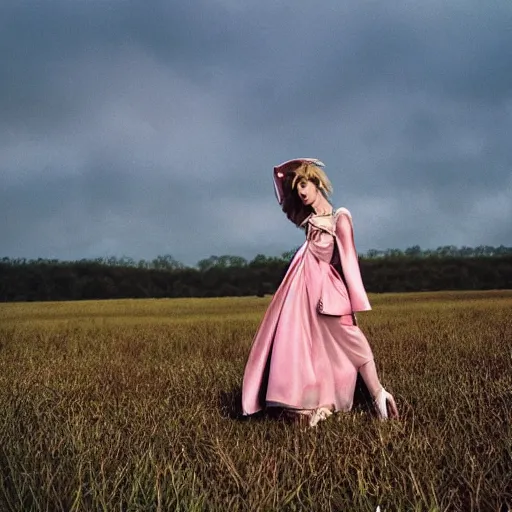 Image similar to realistic!!! photoshoot for a new dior lookbook, color film photography, portrait of a beautiful woman, location on a open field, in style of tyler mitchell, 35mm